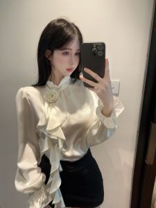 GUZILIAN | Elegant French Style Embellished Floral Lace Bell Sleeve Top Womens Fairy Tale Collar Stand Up Shirt Polyester Fiber Thin