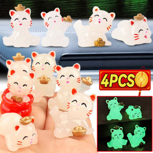 4PCS Car Luminous Lucky Cat Ornaments Car Dashboard Center Console Cute Resin Fortune Cat Auto Interior DIY Decoration Accessories New Year Gift Home Decor
