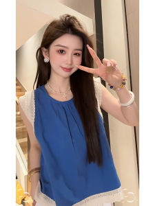 YUEZHONGWEI | French Lace Trim Blue Vest Women Summer Outdoor Design Sensation Sleeveless Shirt Top Splicing Outerwear Round Neck Casual Style