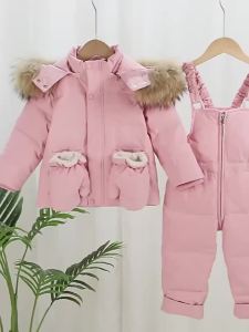 OLEKID 2026 Winter Children Girl Overalls Real Raccoon Fur Down Jacket For Girl Baby Girl Jumpsuit Kids Girl Outerwear Coat