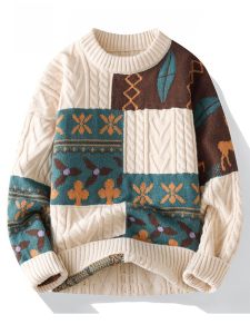 ROMON | Loose Fit Round Neck Knitted Sweater For Men Warm Floral Pattern Base Layer Shirt Trendy Autumn Winter New Arrival By Romon