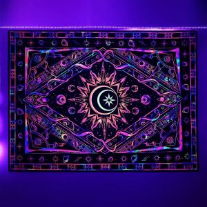 VIKAMA Blacklight Sun Moon Face Wall Tapestry Mandala Neon Trippy Home Decor Vintage Style Soft Durable Cozy Aesthetic Gift Cute