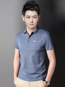 ROMON | Lormen Mens Stripe Polo Shirt Summer Thin Business Casual Ice Silk Cotton With Collar Short Sleeve T-shirt Upper Body