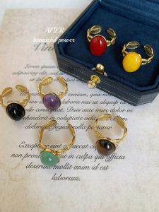 Classical Elegant Natural Gemstone Aventurine Ruby Amethyst Agate Oval Big Diamond Open Ring New Chinese Style