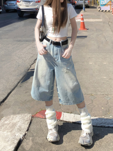 QIANCHANGNAAI | Light Faded Loose High-Waist Cropped Jeans