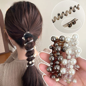 Pearl Telephone Wire Elastic Hair Band for Women Girls Hair Weaving Spiral Cord Rubber Band Pearl Hair Accessories