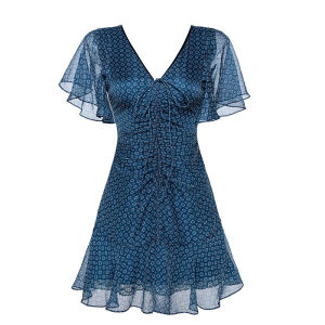 Váy Voan Hoa Cổ Chữ V Màu Xanh Lam Cho Nữ Mùa Hè Mới Đa Năng Chic HongKong Cổ Điển Váy Đuôi Cá Thắt Eo