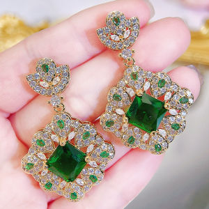 SEQUITO Exquisite White Gold Plated Jewelry Full Paved Setting Green White AAA Cubic Zircon Rhombus Shape Long Dangle Drop Earrings Clothing Accessories SE918
