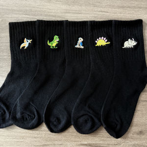 5 Pairs/Pack Cute Women Embroidery Dinosaur Socks White Lovely Cartoon Animal Vintage Shortnovelty Crazy Funny Cozy Socks