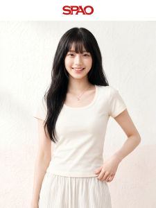 spao | Áo Thun Sơ Mi Ôm Người Màu Đào Cổ U Tay Ngắn