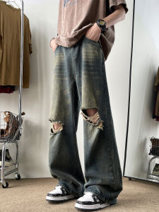 กางเกงยีนส์ทรงหลวมขาตรงสไตล์อเมริกันสำหรับผู้ชาย กางเกงยีนส์ขาดๆ ทรงหลวมสบายๆ สำหรับใส่ไปงานปาร์ตี้ในช่วงฤดูร้อน