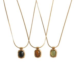 Natural Stone Oval Pendant Chain Necklace • Waterproof Non Tarnish • 18K Gold Plated 316L Stainless Titanium Steel Necklaces for Party Gift New Year Christmas Women Men NL276