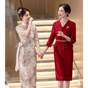Wedding Dress Long Sleeve Lace New Chinese Style Midi Dress for Mother of the Bride Wedding Celebration Celebration Gown
