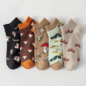 5 Pairs of Aesthetic Forest Mushroom Pattern Womens Crew Socks for Spring and Summer Soft and Breathable All Season Ankle Socks
