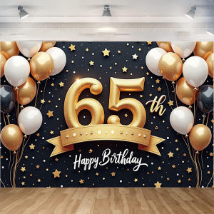 20th/35th/65th/100th Birthday Banner Golden Balloons Elegant Ribbon Celebration Backdrop for Birthday Party Indoor Decoration