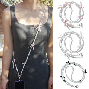 123cm Pearls Beaded Mobile Phone Lanyard Straps Handmade Bowknot Long Phone Chain String for Women Girls Anti Lost Cellphone Charm