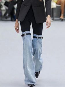 EAM Studio American Style Belted Spliced Denim Pants Womens Wide Leg Casual Floor-Length Trousers High Waist Washed Color Match