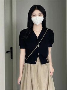 Summer Fashion Slimming Ice Silk Knitted Short Sleeve Top Womens Versatile Design V-Neck Button-Up Korean Style Pure Color