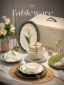 French style horseshoe lotus tableware set home use high-end feel ceramic bowl and plate gift box wedding gift