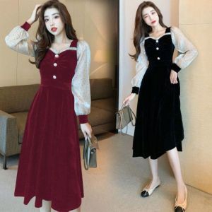 ชุดเดรสยาวผ้ากำมะหยี่สีดำสไตล์ฝรั่งเศส เดรสยาวคลุมเข่าทรงเอเอวสูง แขนยาว ทรงหลวม ทรงเข้ารูป ชุดสองชิ้นปลอม