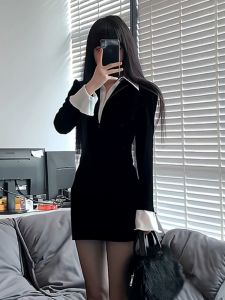 ชุดเดรสยาวแขนยาวสีดำหรูหราสไตล์ฝรั่งเศส แฟชั่นฤดูใบไม้ร่วง กระโปรงทรงเอเอวสูง ผ้าโพลีเอสเตอร์ คอวี กระโปรงสั้น