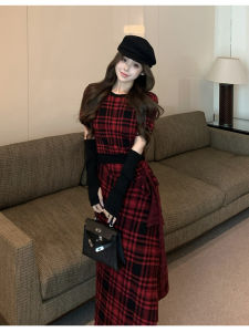 French Elegant Christmas New Year Red Plaid Sleeve Covers Short Top Womens Asymmetrical A-Line Mini Skirt Fashion Set