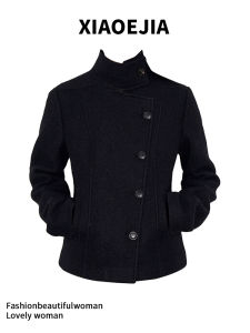 Slim Fit Short Woolen Coat Black Stand Collar Womens Top Winter Fashion Outerwear Stylish Commute Pear Shape Body Type