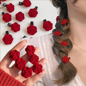 10pcs Red Velvet Rose Hair Clips / Small Cute Flower Hairpins  / Women Retro Flocked Elegant Hair Clip / Elegant Hair Clip Wedding Hair Accessories