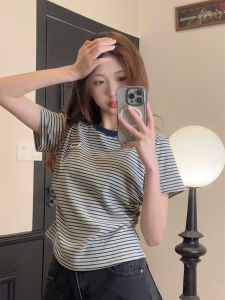 Áo Thun Nữ Cổ Tròn Tay Ngắn Kẻ Sọc Cổ Điển Phong Cách HongKong Màu Tương Phản Ôm Vừa Vặn Cạp Cao Ngắn Áo Thun Cotton Mùa Hè