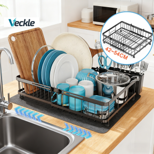Veckle Extendable Dish Drying Rack Dish Drain Rack with Absorbent Mat Scalable Telescopic 42-54cm Dish Drainer Rack