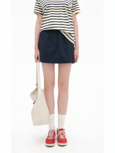 Pure Color Cotton A-Line Short Skirt Elastic Waist