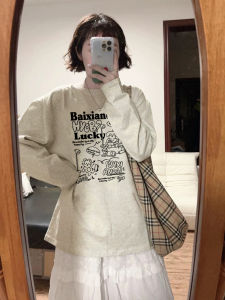 100% Pure Cotton American Retro Oversize Long Sleeve T-Shirt Women Early Autumn Design Sense Niche Hong Kong Style Top