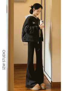 Black High Waist Fleece Lined Flared Casual Pants Womens Autumn Winter Slimming Drapey Lazy Small Stature Floor Length Sports Yoga Pants