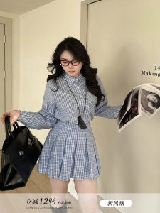Spring Season Blue White Plaid Long Sleeve Shirt Dress Womens A-Line Waist-Cinching Pleated Mini Skirt Korean Style plus Size