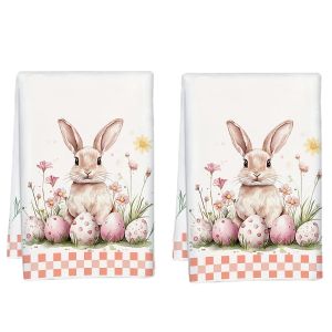 2Pcs Easter Pink Egg Bunny Orange Border Kitchen Towel 40Cm*60Cm Towel Set Super Absorbent Soft Cleaning Cloth Cooking and Baking Tea Towel Tea Towel Hand Towel Cleaning Cloth Dishcloth Kitchen Decoration Living Room Decoration Kitchen Essen...