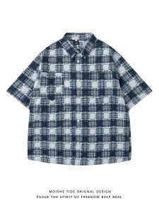Retro American TIDE MOISHE Plaid Short Sleeve Shirt Color Woven Men Women Summer Loose Fit Youth Fashion Sharp Collar Single Button