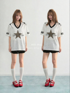 ARCG | Áo Thun V-neck MESH Hình Sao Báo Đốm Trắng