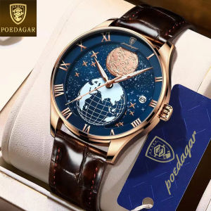 POEDAGAR men casual watches original waterproof genuine leather ultra-thin starry sky earth design roman dial wristwatch brown blue