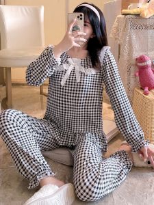 Autumn Plaid Long Sleeve Long Pants Womens Sleepwear Set Sweet Style Cotton Home Clothes Student Princess Pattern Printed