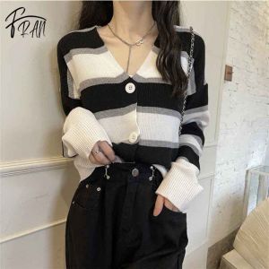FRAN Striped Knitted Cardigan Womens Spring And Autumn Gentle Style Short Sweater Coat Top