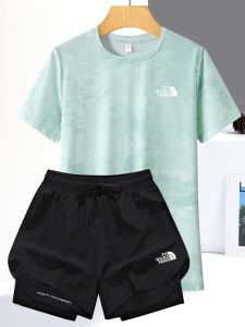 Womens Summer Ice Silk Quick Dry Short Sleeve Yoga Fitness Loose Fit T-Shirt And Pants Set Anti Light Three Quarter Length