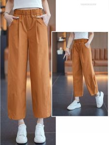 Casual High Waist Elastic Waist Orange Harlan Pants Womens Loose Style Nine Point Pants Slimming Effect Short Size