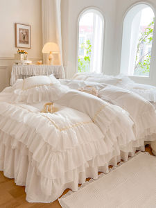 INS Scandinavian Trending Cute Girl White Lace Princess Style Cotton Bed Four-Piece Set Pure Cotton 100 Bed Sheets Bed Skirt