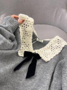 Gray Doll Collar Knitted Sweater Womens Fashion Autumn Winter Miu Style Age Reduction Top Korean Loose Fit Long Sleeve