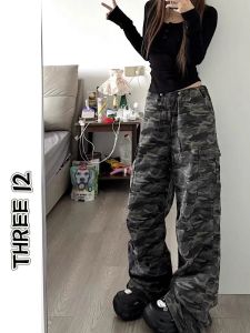 Quần Jeans Công Sở Ống Thẳng Camouflage Cạp Cao Rộng Rộng Ôm Dáng Cho Nữ Mùa Xuân Hè Quần Dài Dài Đến Sàn Có Nhiều Túi