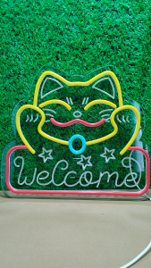 ป้ายไฟนีออน ป้ายไฟ Maneki-neko  Welcome ไฟประดับตกแต่ง ป้ายไฟสำรับตกแต่งหน้าร้าน