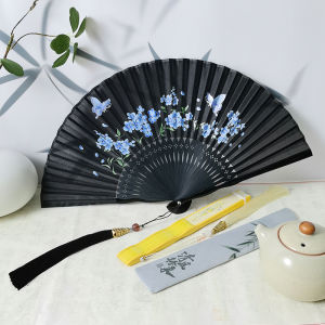 Handmade Black Folding Fan Traditional Chinese New Style Womens Hanfu Qipao Dance Fan Summer Cooling Breeze Portable Fan