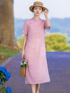 Elegant Embroidered Cotton Linen Cheongsam Dress Floral Print Thin Model Spring Summer New Arrival Womens Midi Skirt Dress