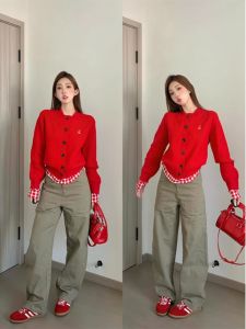 Jushu Studio Christmas New Year Red Celebration plus Size MM Design Contrast Color Fake Two-Piece Open Cardigan Sweater