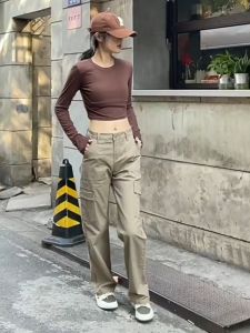 High waist multi-bag working pants 2025 new loose wide leg retro casual pants